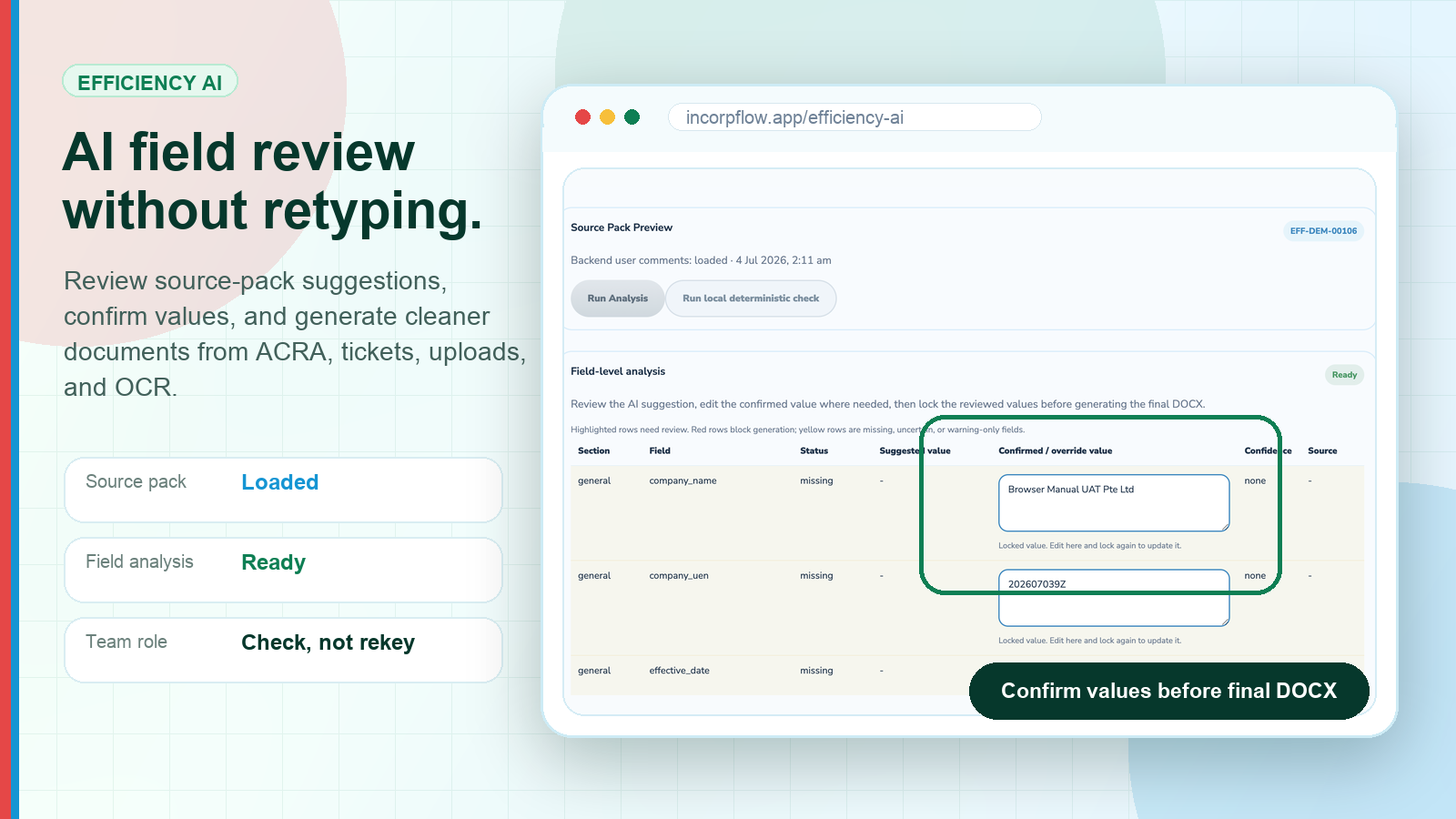 Efficiency AI field-level analysis screen for reviewing source pack values