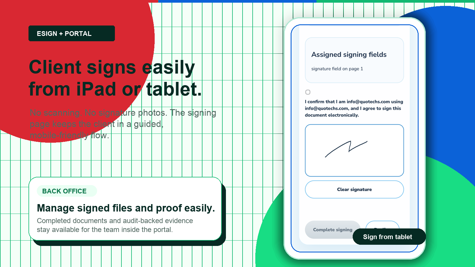 Client eSign page shown in a tablet-style frame with back-office management callouts