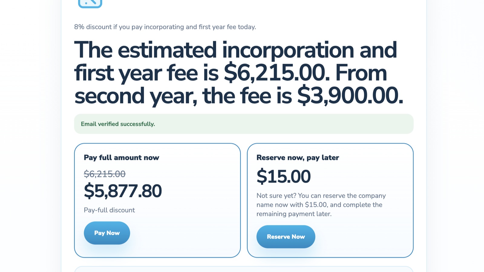 Quotation Self-Builder, Pay In First Place screen in IncorpFlow