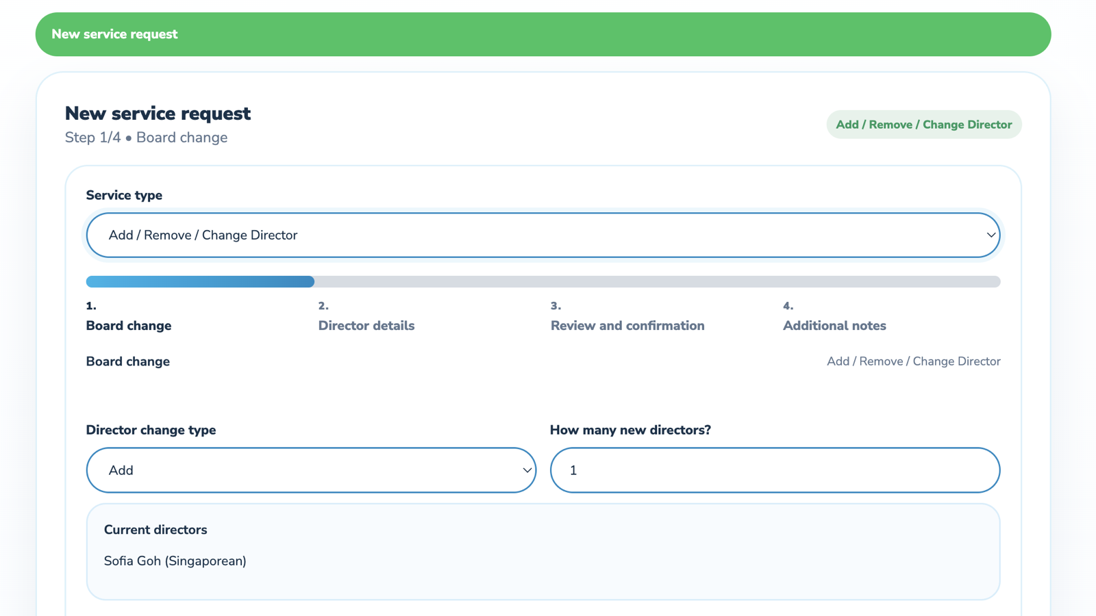 Real ACRA Data, Guided Service Request Submission screen in IncorpFlow